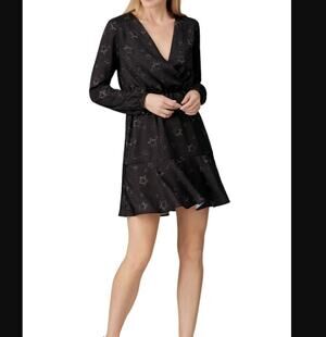 Slate & Willow Black Gold Star Jacquard Wrap Dress Size M Puff Sleeve